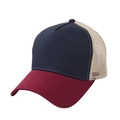 Detail of multi-color breathable mesh trucker hat with navy front and red brim - Adjustable / Burgundy & Navy