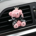 Pink teddy bear car air freshener with silver crown and bow tie on vent clip - Silver Crown/Black Ribbon / Pink