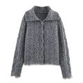 Gilet vintage gris en maille torsadée pour femme avec col à revers et bords à franges - S / Gris