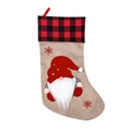 Christmas stocking with red gnome embroidery and plaid cuff on white background - Heart Style