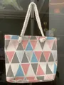 Canvas tote bag with pink and blue geometric pattern and white rope handles - Geometric Triangle