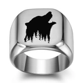 Punk style silver wolf head and forest laser engraved square signet ring for men - US 9 / Steel