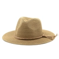 Detalle del tejido de un sombrero fedora de paja marrón claro con cordón decorativo - M (56-58cm) / Caqui