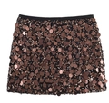 Detailed view of dense bronze sequins on a high-waisted mini skirt over white background - XS / Black Brown