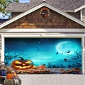 Halloween garage door banner with pumpkins, bats and a matching welcome round sign - Ws0108 / 1 Meter Long X 0.7 Meters High (polyester)
