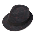 Men's British plaid fedora hat with dark grey houndstooth pattern and black band - M (56-58cm) / Black