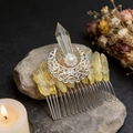 Detail of silver moon hair comb with yellow crystals and a central pearl on a stone - Yellow Crystal + Hollow Moon + Rhinestone Pearl Flower