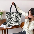 Large canvas tote bag with black and white doodle patterns and durable black straps - Heart Piggy