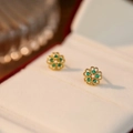 French vintage s925 silver flower earrings with green gemstone and gold finish - Green Zirconia / 925 Silver / Gold