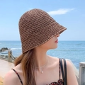 Women's brown hand-woven straw bucket hat with sun protection for seaside beach vacation - M (56-58cm) / Coffee