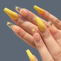 Long coffin fake nails featuring bright yellow finish and glitter butterfly sequins - Yellow Butterfly Style (JP0335-07)