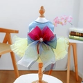 Blue satin and yellow mesh princess dress for small dogs with large tricolor bow and pearl - XS / Snowy Princess Mesh Dress