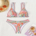 Women's two-piece bikini set with vibrant ethnic print and high-waisted bottom - L / Pink Floral