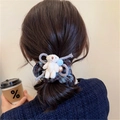 Blue plaid scrunchie hair tie with plush bear and pearl charms for elegant low ponytail - Grey Blue Plaid Bear