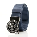 Blue nylon belt with black metal automatic buckle featuring a rhinestone cross design - Gun F151 Round Rhinestone Cross (Navy Blue)