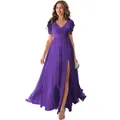 Dark purple V-neck chiffon maxi bridesmaid dress with flutter sleeves and high side slit - S (US 2) / Bottoms / Purple
