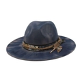 Navy blue distressed wool fedora hat with vintage feather and woven band detail - Navy Blue Feather