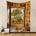 Artistic studio window view tapestry detail with warm sunlight and palm trees - Art Studio Palm Mediterranean False Window View (GT230316)
