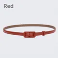 Slim red genuine leather belt for women with a matching leather-wrapped rectangular buckle - 105cm / Red