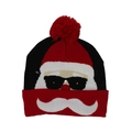 Winter knitted Christmas hat featuring a Santa Claus pattern with red pompom and black trim - Hat Style 54 (Black Red White Santa)