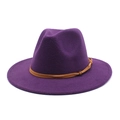 Detail of purple Fedora wool hat featuring a brown leather band and decorative knot - M (56-58cm) / Purple