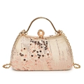 Champagne sequin clutch bag with round metal handle and elegant pearl clasp for evening gala - Khaki
