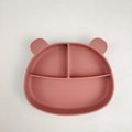 Assiette en silicone rose en forme d'ours avec ventouse et trois compartiments bébé - Assiette Ours à Trois Grilles / Rouge Brique