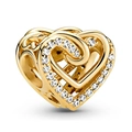Golden hollow double-heart bead charm with white crystal accents on white background - 003-Double Heart Zirconia