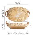 Japanese retro oval ceramic tray with dual handles and ribbed texture, 23x16.5cm - Dark Brush Stroke Chrysanthemum Plate with Rope