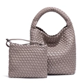 Dusty purple woven leather hobo shoulder bag with matching zipper pouch set - Taupe
