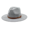 Detail of light gray knitted fedora featuring a brown leather belt with golden buckle - Gray