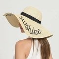 Beige wide-brim straw sun hat featuring black ribbon and Sunshine embroidery - One Size / Beige