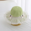 Detail of child straw hat with white chiffon brim and cute cherry bow decorations - Kids Hat (52cm) / Grass Green