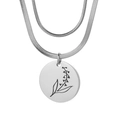 Collier double couche en acier titane argenté avec pendentif rond à gravure florale - Mai-Argent (Muguet)