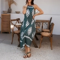 Bohemian dark green halter sleeveless maxi dress with white floral prints for summer - S / Green