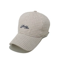Close-up of blue 'Done' embroidery on a tan and white checkered cotton baseball cap - M (56-58cm) / Beige