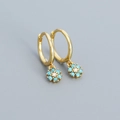 925 silver golden hoop earrings with sky blue flower charms and sparkling zircons - 925 Silver / Gold (Turquoise Stone)