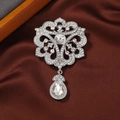 Silver vintage hollow brooch with floral crystals and teardrop pendant on silk - Style 6 (Silver Rhinestone)