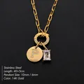 Gold 14K stainless steel paperclip necklace with sparkling crystal letter P charm - Letter P / Gold