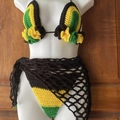 Handmade crochet bikini and sarong set in black, green and yellow Jamaican colors - Adult Free Size / Green Yellow Black