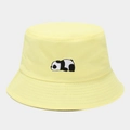 Close-up of cute panda embroidery on high-quality yellow cotton bucket hat for outdoor sun protection - Yellow