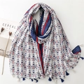 Sciarpa artistica effetto lino con motivo a pesci blu e nappe su sfondo bianco - 180*88cm / Stampa Pesce Rosso e Blu Con Nappe (SL2404-008)