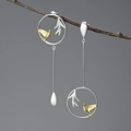 Asymmetric S925 silver long drop earrings with gold bird and silver leaf motifs - Tri-color (Gold/Silver/Rose Gold)