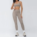 Taupe two-piece brushed yoga set with halter sports bra and high-waist seamless leggings - 3109 Bra + 8863 Trousers - Linen