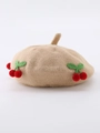 Cute khaki knit baby beret with 3D red cherry accents and soft textured yarn finish - 44-48CM (Recommended 5 months-2 years old) / Khaki
