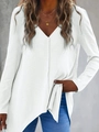 Detail of white waffle knit V-neck sweater featuring an irregular hemline design - S / Tops / White