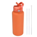 Orange matte 1L stainless steel sports bottle set with two straws and a cleaning brush - 1L / Cinnabar Orange