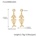 Detailed size specifications for gold fishbone earrings with cubic zirconia stones - Fishbone Earrings (F1123) / Gold