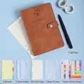 A6 loose-leaf kids finance planner set in coral brown with cute sheep pattern - A6 Snap Button/100 Sheets / Amber Brown Leather Set