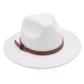 Detailed view of the brown leather band with silver buckle on the white wool fedora - White (Two Studs)